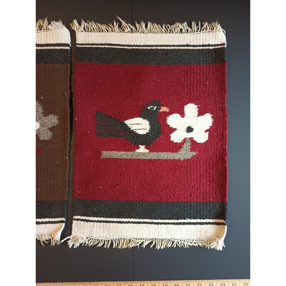 2 - Native Woven Wool Rug Place Mat Hanging with Bird 18" x 13" - Picture 3 of 10